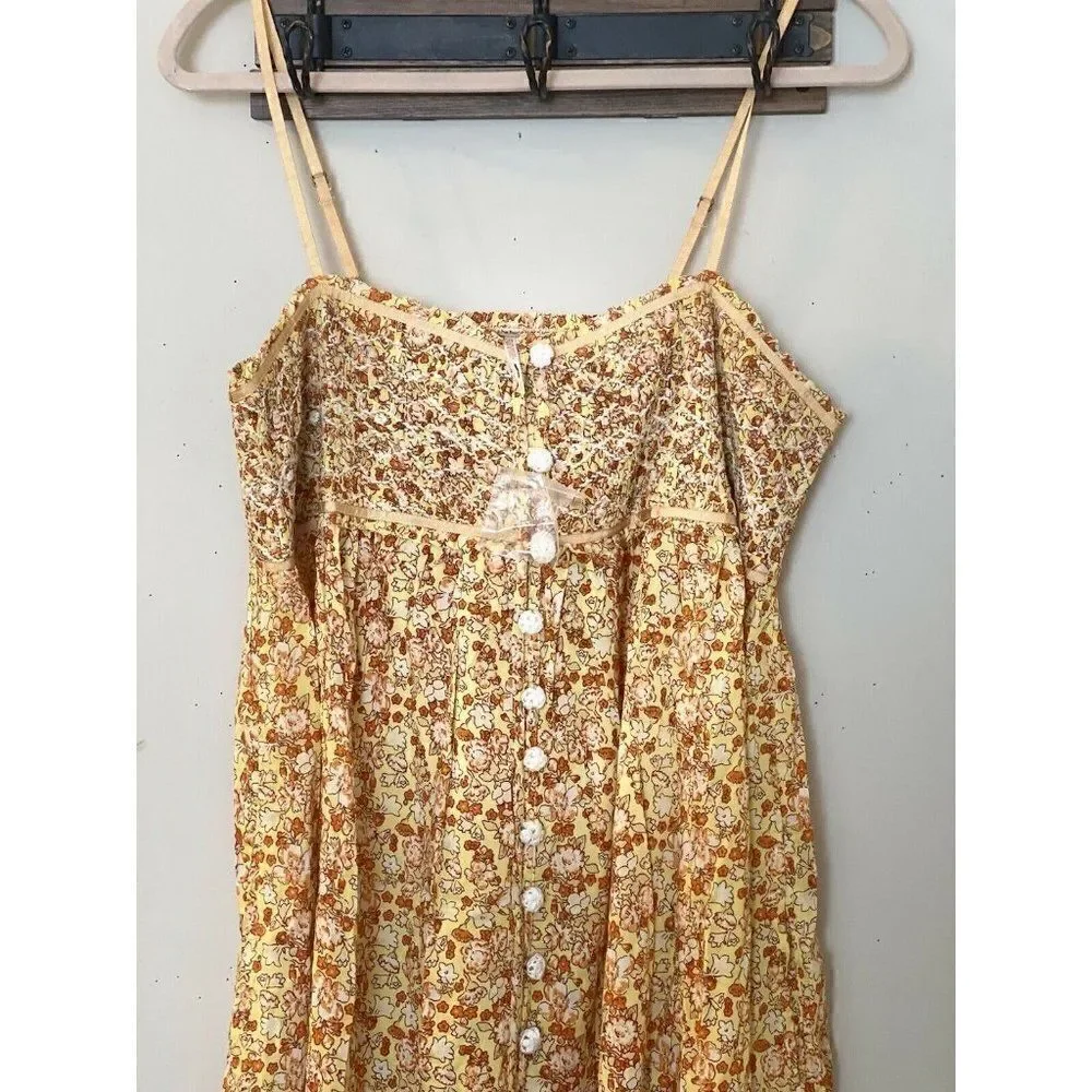 NEW FREE PEOPLE Sz L MOLLY JO FLORAL PRINTED MIDI DRESS MAXI TOP GOLDEN COMBO
